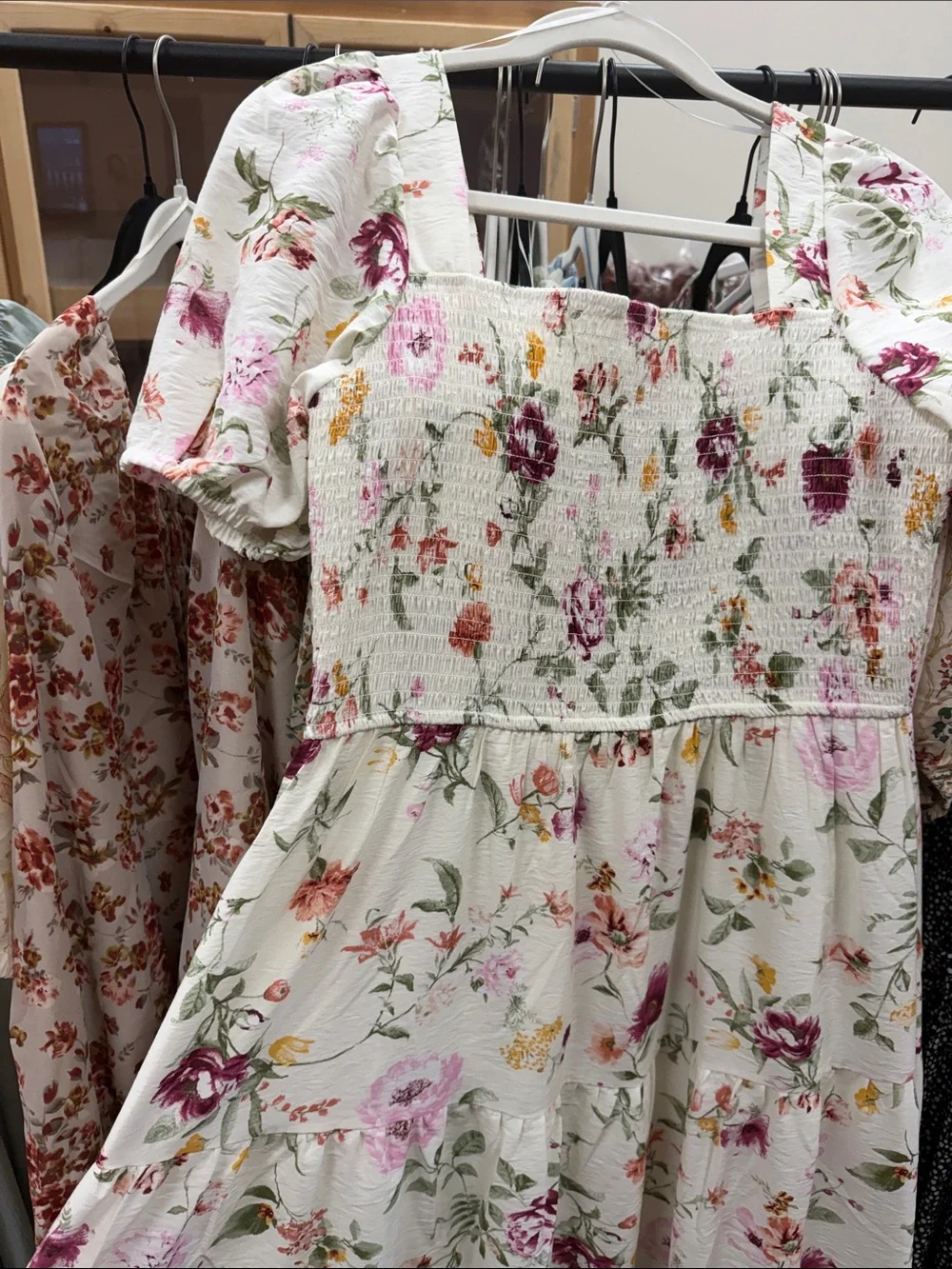 Cream Floral Smocked Midi Dress with Puff Sleeves - Picture 2 of 3